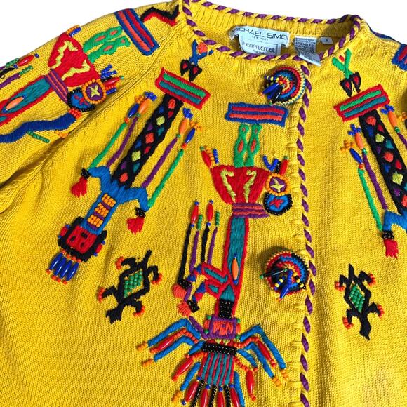 Vintage 90s Michael Simon For Henri Bendel Yellow Beaded Abstract Knit Cardigan - Picture 14 of 15